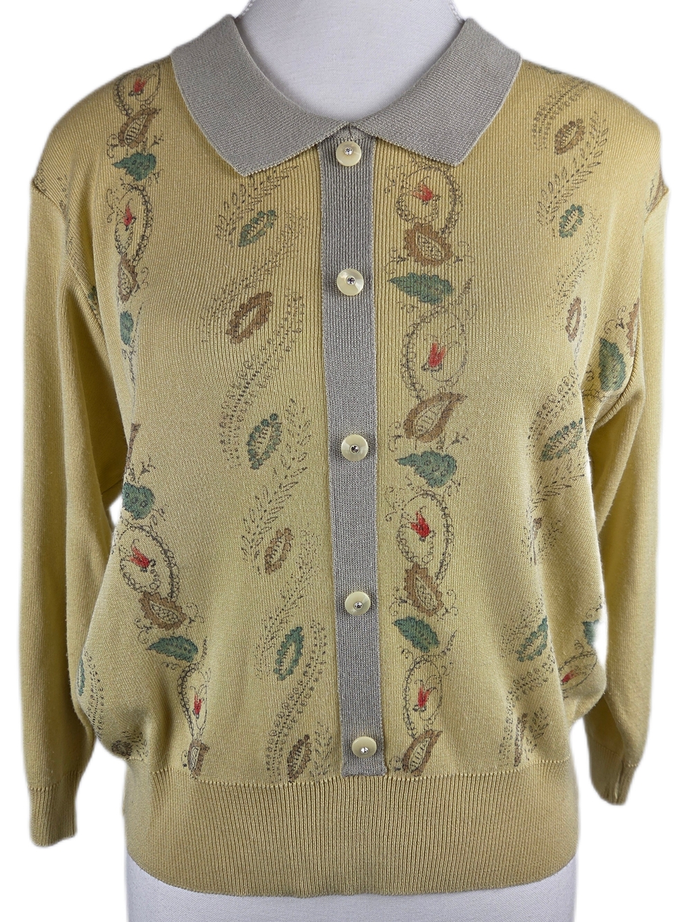 Vintage 80s 90s Chadorian Collared Cardigan Sweater – Yellow Floral Embroidered